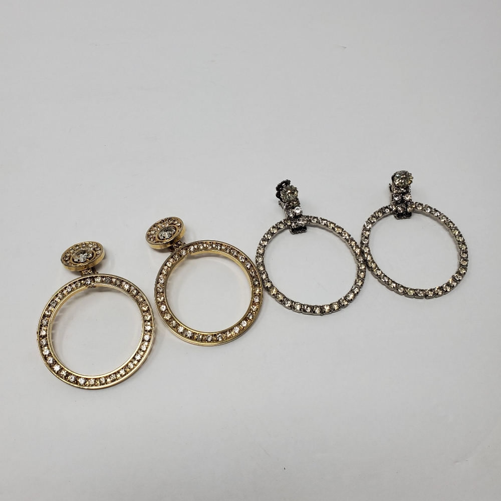 Vintage Clip on earring set of 2 pair large hoops with rhinestones